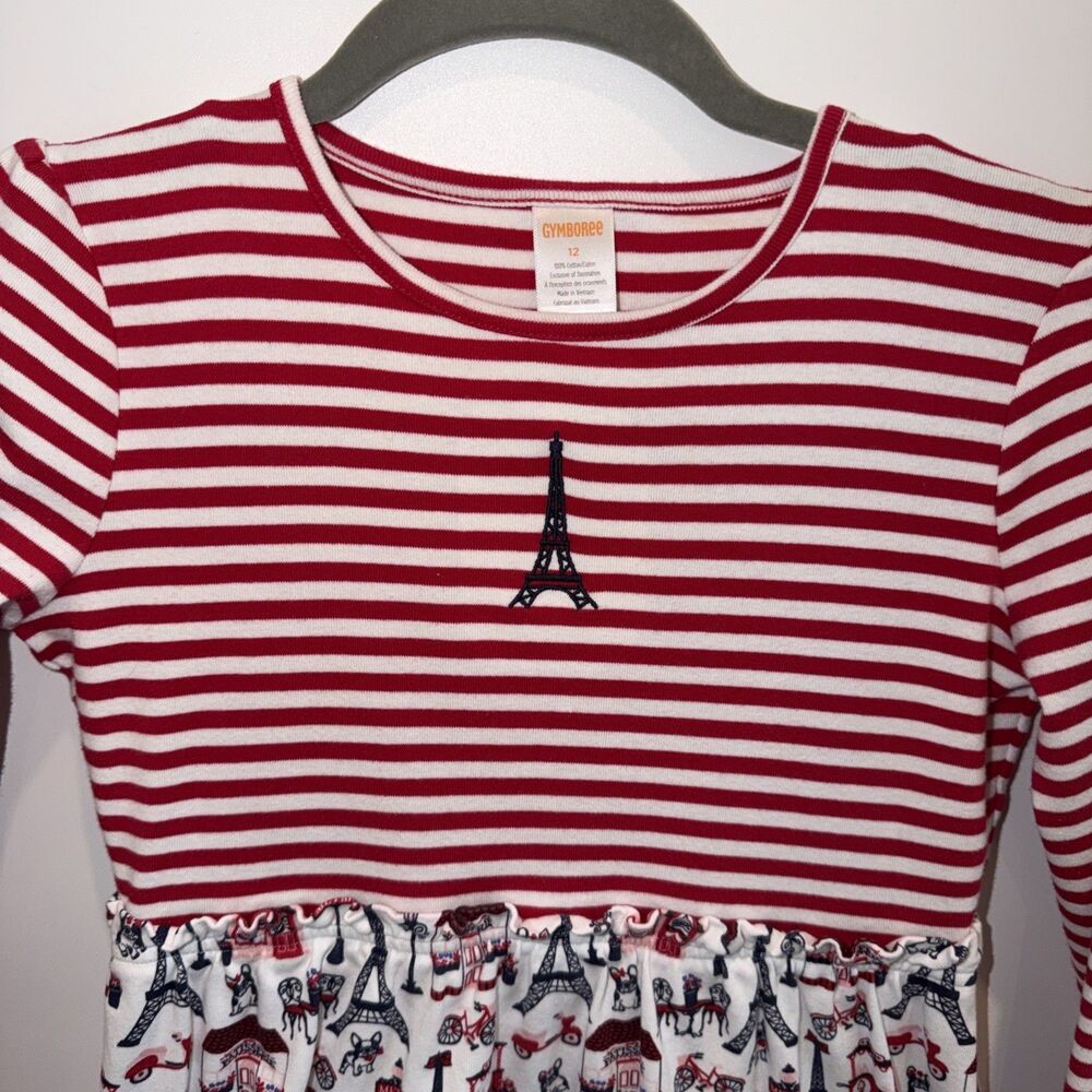 Gymboree Dress Girls Sz 12 Red Blue Fit & Flare Eiffel Tower Paris Frenchie
